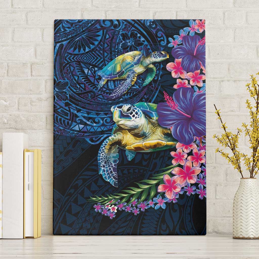 Hawaiian Plumeria and Hibiscus with Turtles Canvas Wall Art Polynesian Art Dark Cyan Color LT03 Without Frame Dark Cyan - Polynesian Pride