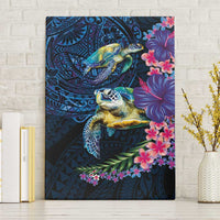 Hawaiian Plumeria and Hibiscus with Turtles Canvas Wall Art Polynesian Art Dark Cyan Color LT03 Without Frame Dark Cyan - Polynesian Pride