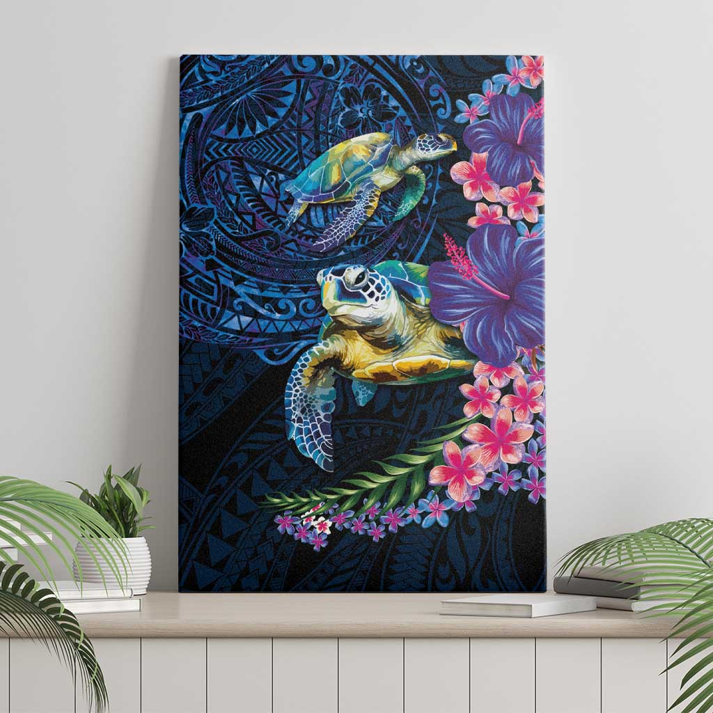 Hawaiian Plumeria and Hibiscus with Turtles Canvas Wall Art Polynesian Art Dark Cyan Color LT03 - Polynesian Pride