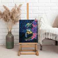 Hawaiian Plumeria and Hibiscus with Turtles Canvas Wall Art Polynesian Art Dark Cyan Color LT03 - Polynesian Pride