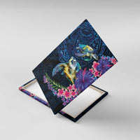 Hawaiian Plumeria and Hibiscus with Turtles Canvas Wall Art Polynesian Art Dark Cyan Color LT03 With Frame Dark Cyan - Polynesian Pride