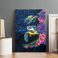 Hawaiian Plumeria and Hibiscus with Turtles Canvas Wall Art Polynesian Art Dark Cyan Color LT03 - Polynesian Pride