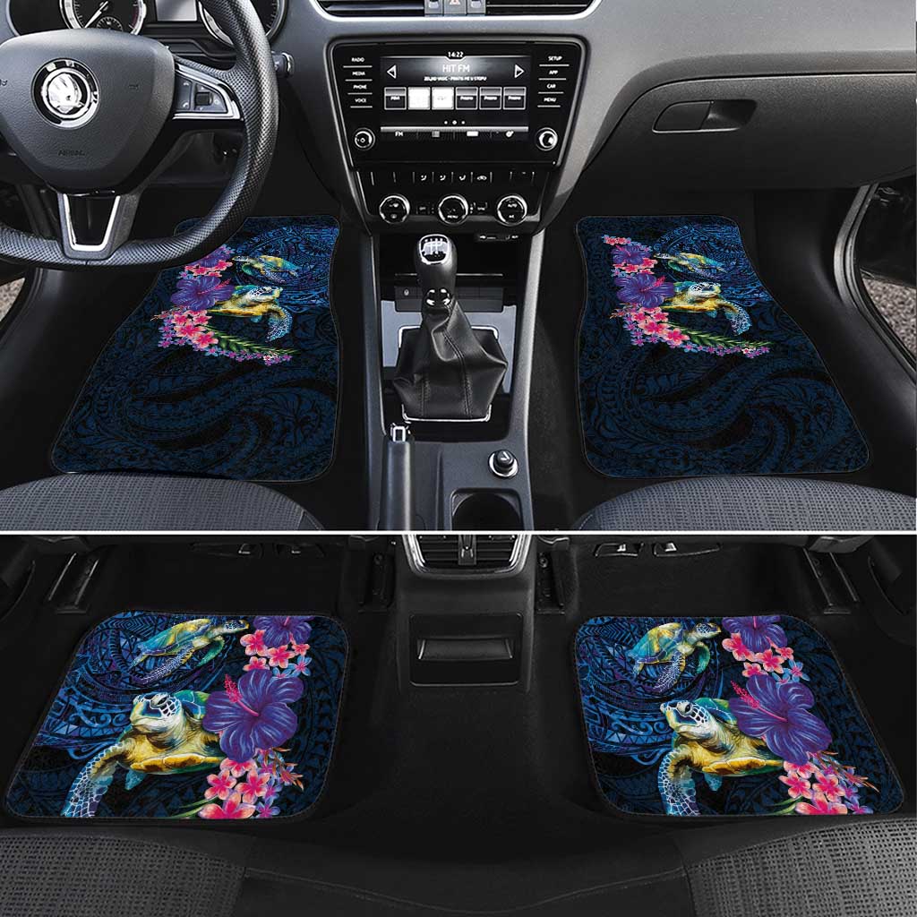 Hawaiian Plumeria and Hibiscus with Turtles Car Mats Polynesian Art Dark Cyan Color LT03 Set 4pcs Dark Cyan - Polynesian Pride