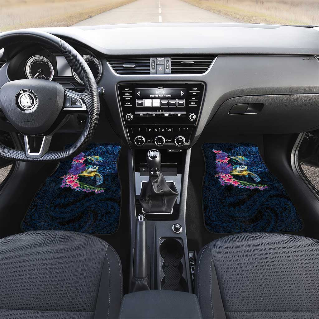 Hawaiian Plumeria and Hibiscus with Turtles Car Mats Polynesian Art Dark Cyan Color LT03 Set 2pcs - Front Dark Cyan - Polynesian Pride