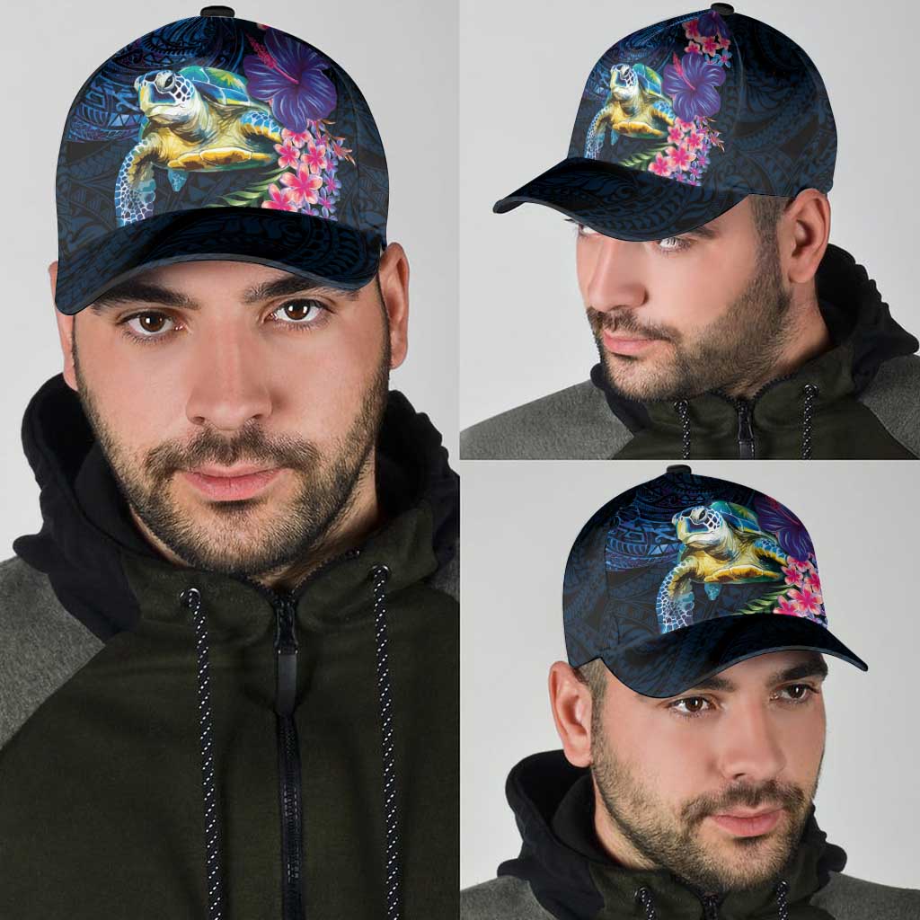 Hawaiian Plumeria and Hibiscus with Turtles Classic Cap Polynesian Art Dark Cyan Color - Polynesian Pride