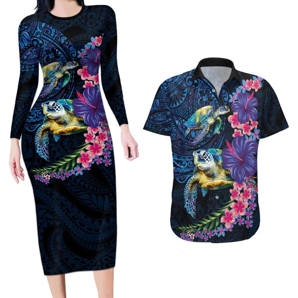 Hawaiian Plumeria and Hibiscus with Turtles Couples Matching Long Sleeve Bodycon Dress and Hawaiian Shirt Polynesian Art Dark Cyan Color LT03 Dark Cyan - Polynesian Pride