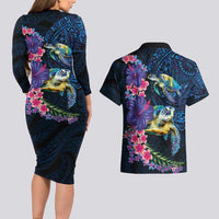 Hawaiian Plumeria and Hibiscus with Turtles Couples Matching Long Sleeve Bodycon Dress and Hawaiian Shirt Polynesian Art Dark Cyan Color LT03 - Polynesian Pride