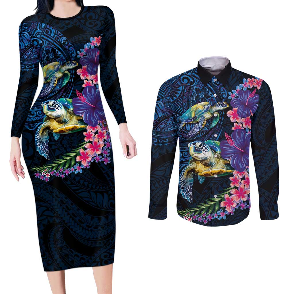 Hawaiian Plumeria and Hibiscus with Turtles Couples Matching Long Sleeve Bodycon Dress and Long Sleeve Button Shirt Polynesian Art Dark Cyan Color LT03 Dark Cyan - Polynesian Pride
