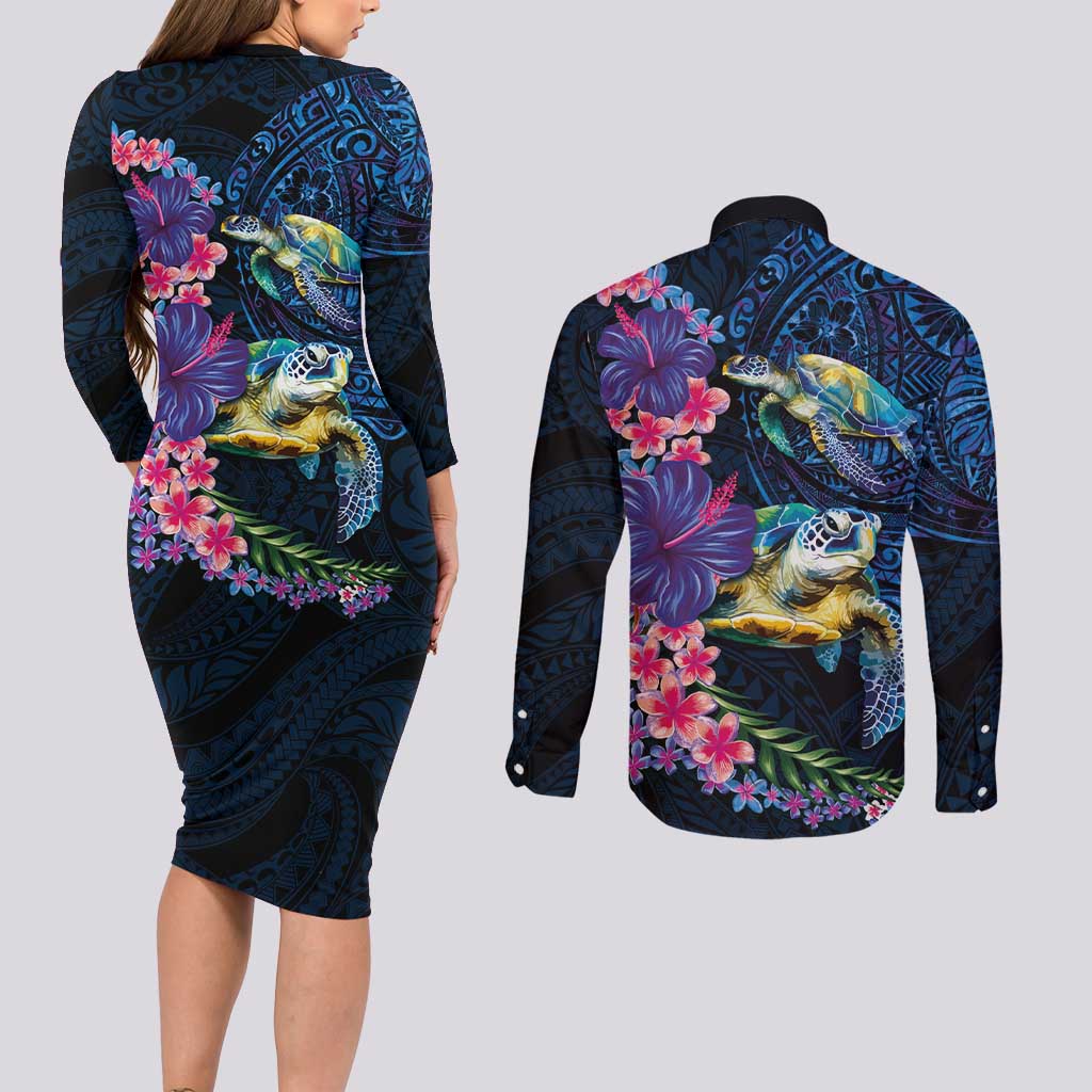 Hawaiian Plumeria and Hibiscus with Turtles Couples Matching Long Sleeve Bodycon Dress and Long Sleeve Button Shirt Polynesian Art Dark Cyan Color LT03 - Polynesian Pride