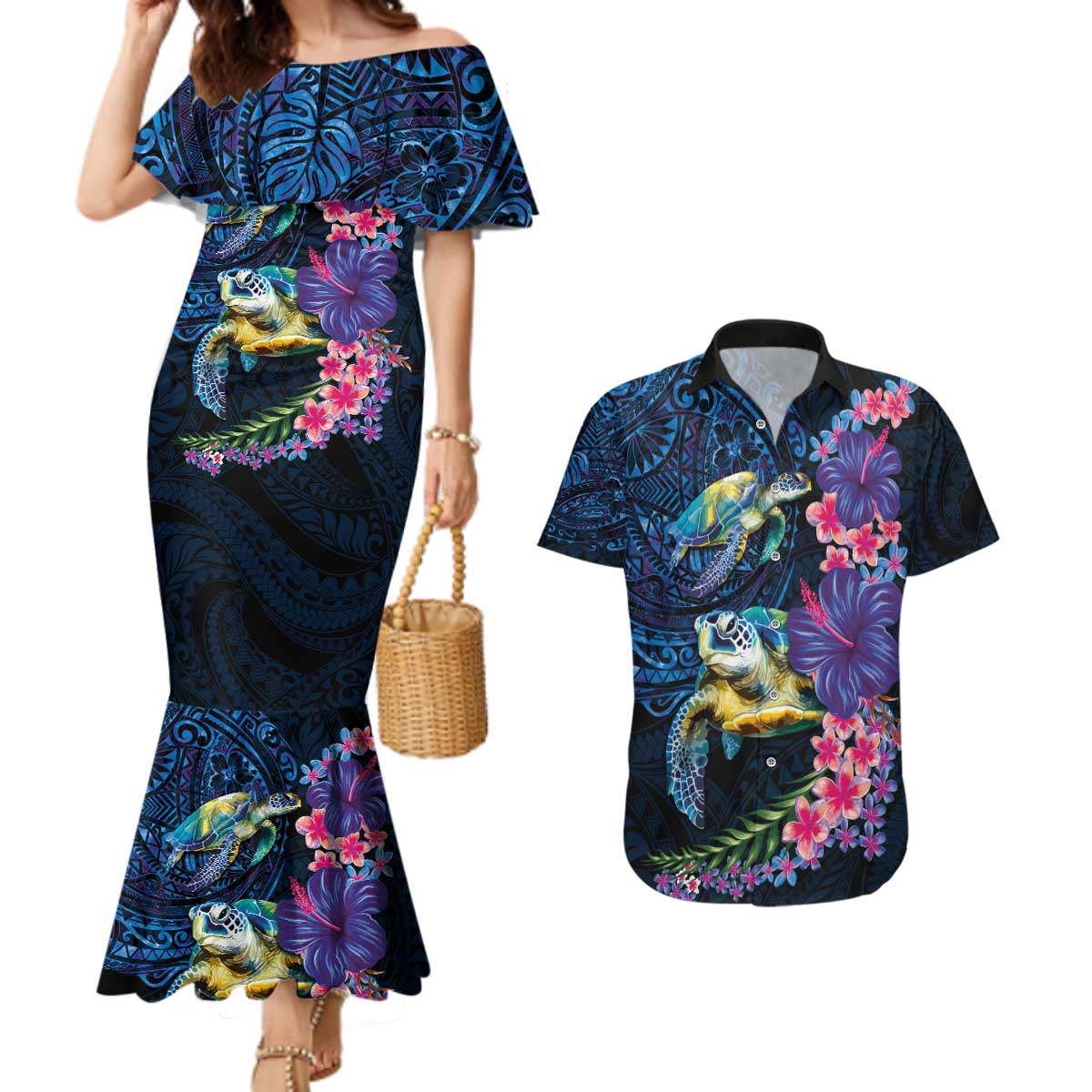 Hawaiian Plumeria and Hibiscus with Turtles Couples Matching Mermaid Dress and Hawaiian Shirt Polynesian Art Dark Cyan Color - Polynesian Pride