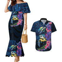 Hawaiian Plumeria and Hibiscus with Turtles Couples Matching Mermaid Dress and Hawaiian Shirt Polynesian Art Dark Cyan Color LT03 Dark Cyan - Polynesian Pride