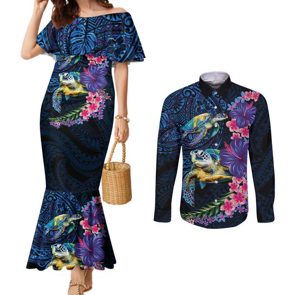 Hawaiian Plumeria and Hibiscus with Turtles Couples Matching Mermaid Dress and Long Sleeve Button Shirt Polynesian Art Dark Cyan Color LT03 Dark Cyan - Polynesian Pride