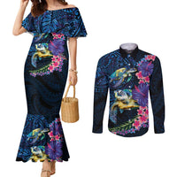 Hawaiian Plumeria and Hibiscus with Turtles Couples Matching Mermaid Dress and Long Sleeve Button Shirt Polynesian Art Dark Cyan Color LT03 Dark Cyan - Polynesian Pride