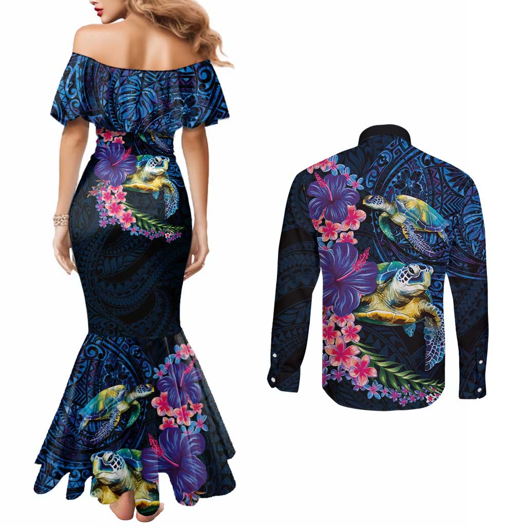 Hawaiian Plumeria and Hibiscus with Turtles Couples Matching Mermaid Dress and Long Sleeve Button Shirt Polynesian Art Dark Cyan Color LT03 - Polynesian Pride