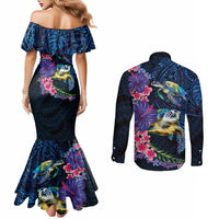 Hawaiian Plumeria and Hibiscus with Turtles Couples Matching Mermaid Dress and Long Sleeve Button Shirt Polynesian Art Dark Cyan Color LT03 - Polynesian Pride