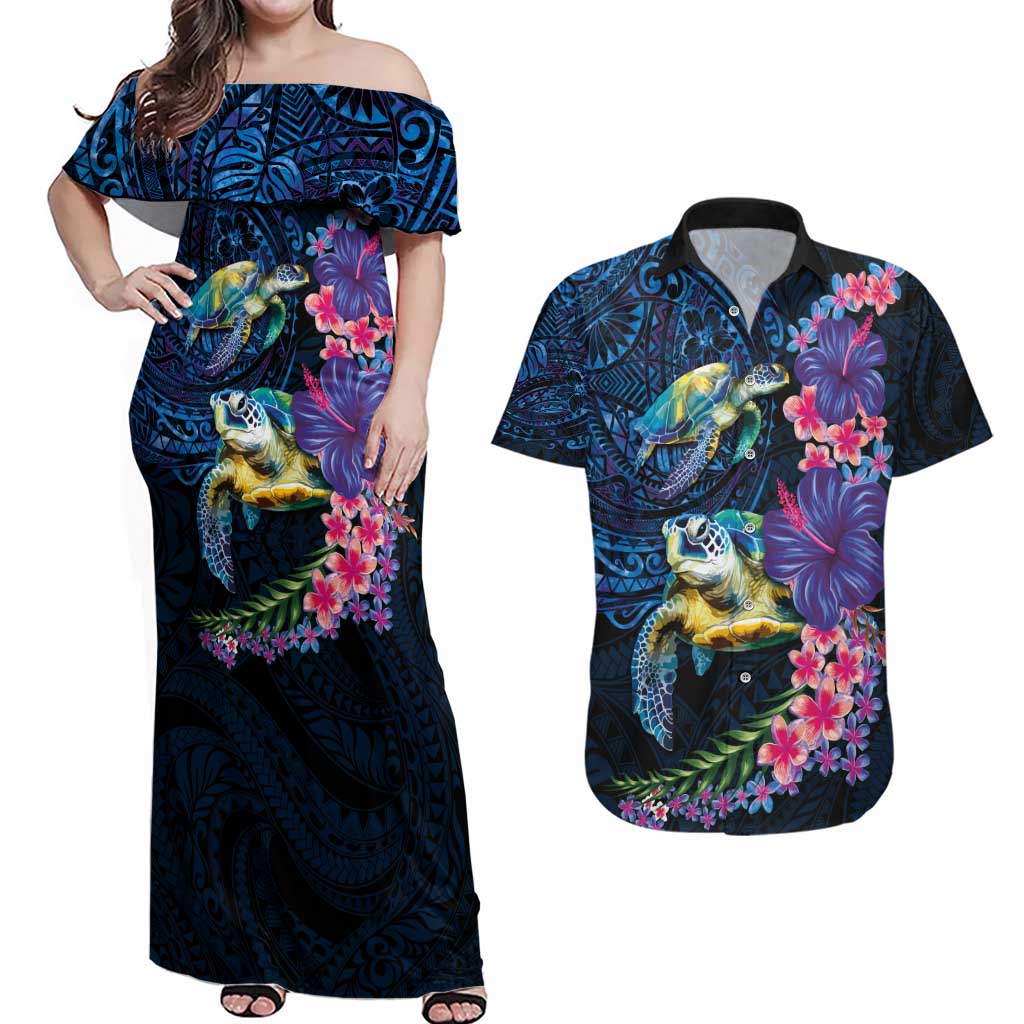 Hawaiian Plumeria and Hibiscus with Turtles Couples Matching Off Shoulder Maxi Dress and Hawaiian Shirt Polynesian Art Dark Cyan Color LT03 Dark Cyan - Polynesian Pride