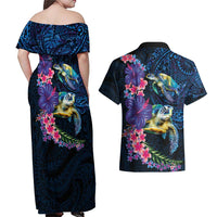 Hawaiian Plumeria and Hibiscus with Turtles Couples Matching Off Shoulder Maxi Dress and Hawaiian Shirt Polynesian Art Dark Cyan Color LT03 - Polynesian Pride