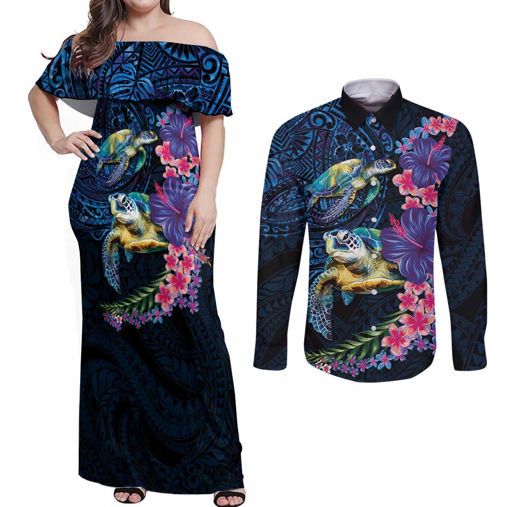 Hawaiian Plumeria and Hibiscus with Turtles Couples Matching Off Shoulder Maxi Dress and Long Sleeve Button Shirt Polynesian Art Dark Cyan Color LT03 Dark Cyan - Polynesian Pride