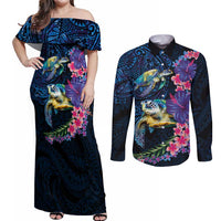 Hawaiian Plumeria and Hibiscus with Turtles Couples Matching Off Shoulder Maxi Dress and Long Sleeve Button Shirt Polynesian Art Dark Cyan Color LT03 Dark Cyan - Polynesian Pride