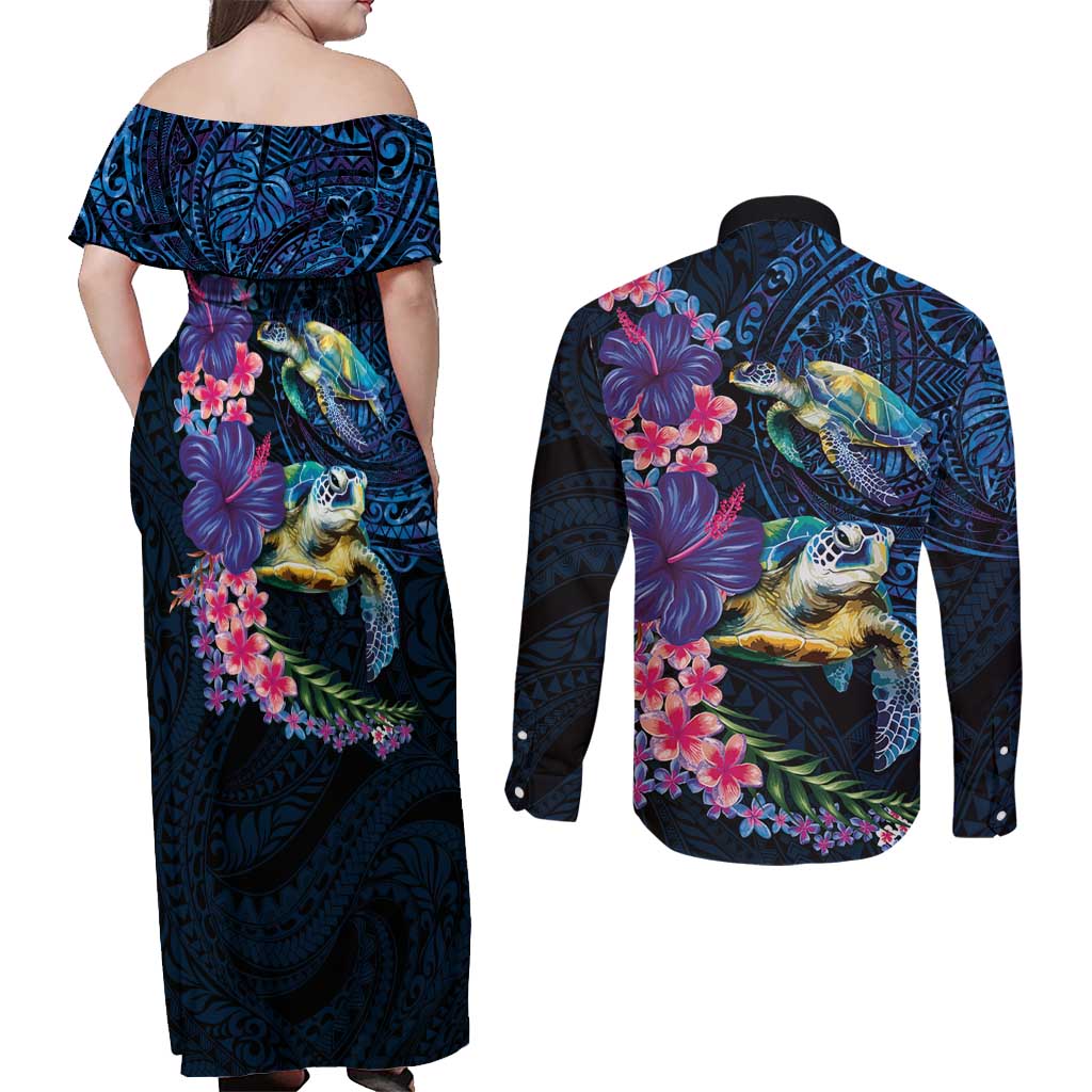 Hawaiian Plumeria and Hibiscus with Turtles Couples Matching Off Shoulder Maxi Dress and Long Sleeve Button Shirt Polynesian Art Dark Cyan Color LT03 - Polynesian Pride