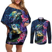 Hawaiian Plumeria and Hibiscus with Turtles Couples Matching Off Shoulder Short Dress and Long Sleeve Button Shirt Polynesian Art Dark Cyan Color LT03 Dark Cyan - Polynesian Pride