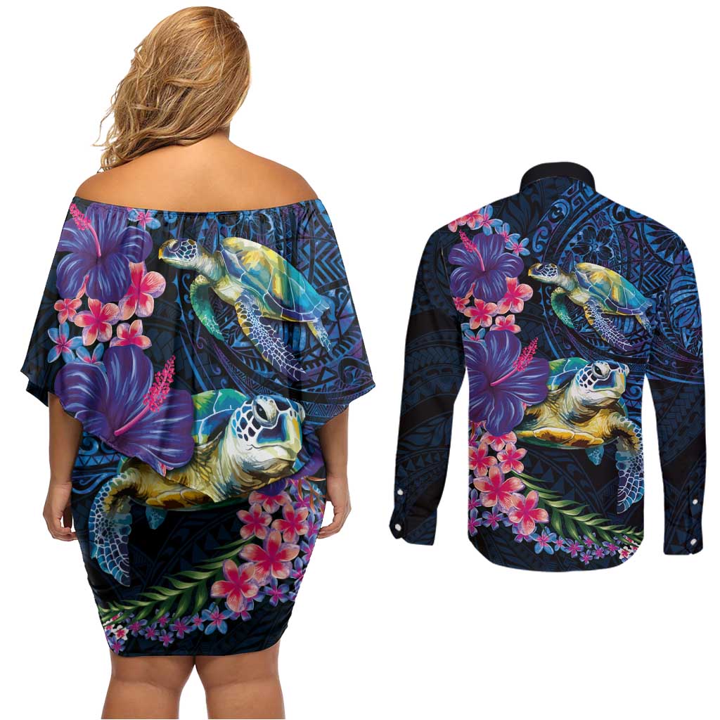 Hawaiian Plumeria and Hibiscus with Turtles Couples Matching Off Shoulder Short Dress and Long Sleeve Button Shirt Polynesian Art Dark Cyan Color LT03 - Polynesian Pride