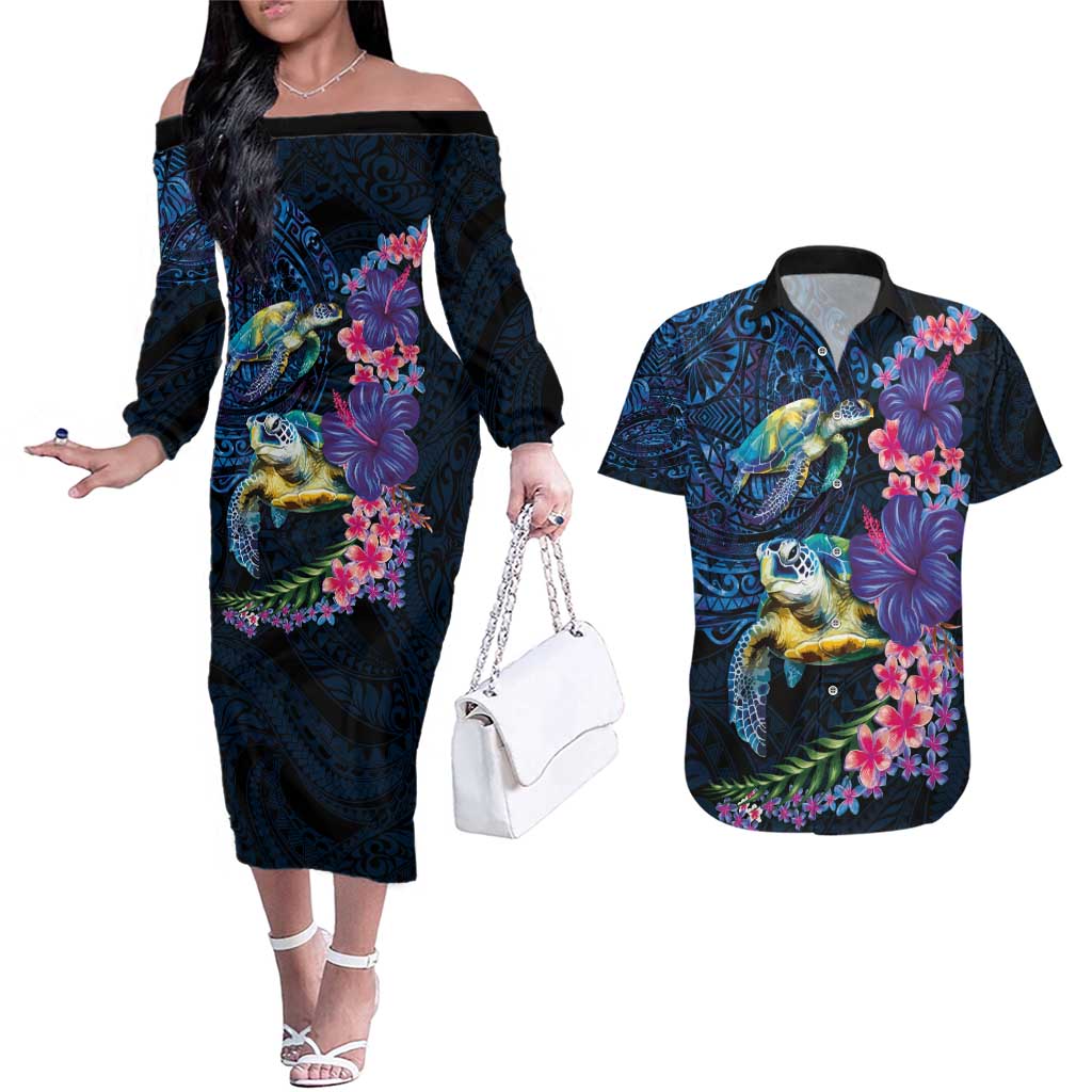 Hawaiian Plumeria and Hibiscus with Turtles Couples Matching Off The Shoulder Long Sleeve Dress and Hawaiian Shirt Polynesian Art Dark Cyan Color LT03 Dark Cyan - Polynesian Pride