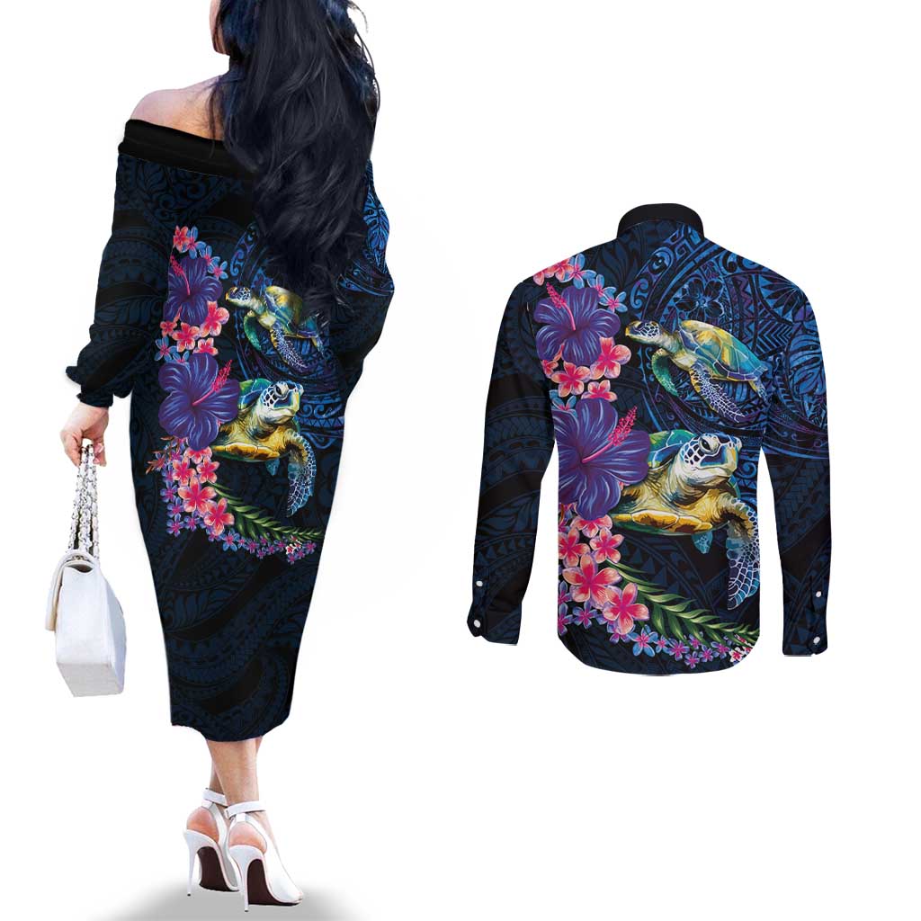 Hawaiian Plumeria and Hibiscus with Turtles Couples Matching Off The Shoulder Long Sleeve Dress and Long Sleeve Button Shirt Polynesian Art Dark Cyan Color LT03 - Polynesian Pride