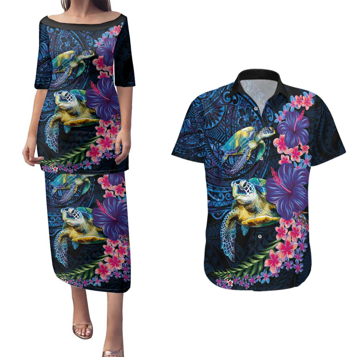 Hawaiian Plumeria and Hibiscus with Turtles Couples Matching Puletasi and Hawaiian Shirt Polynesian Art Dark Cyan Color LT03 Dark Cyan - Polynesian Pride