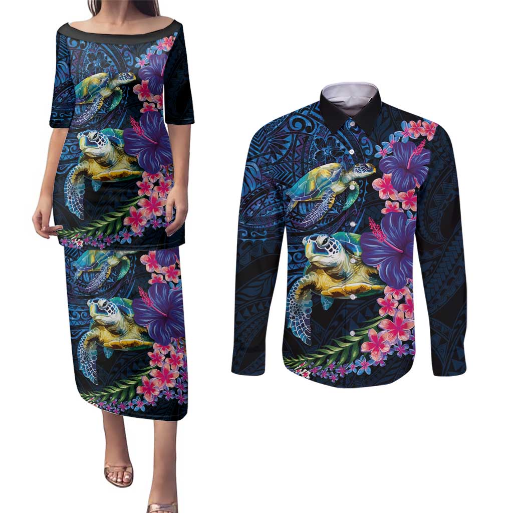 Hawaiian Plumeria and Hibiscus with Turtles Couples Matching Puletasi and Long Sleeve Button Shirt Polynesian Art Dark Cyan Color - Polynesian Pride
