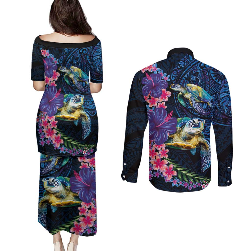 Hawaiian Plumeria and Hibiscus with Turtles Couples Matching Puletasi and Long Sleeve Button Shirt Polynesian Art Dark Cyan Color LT03 - Polynesian Pride
