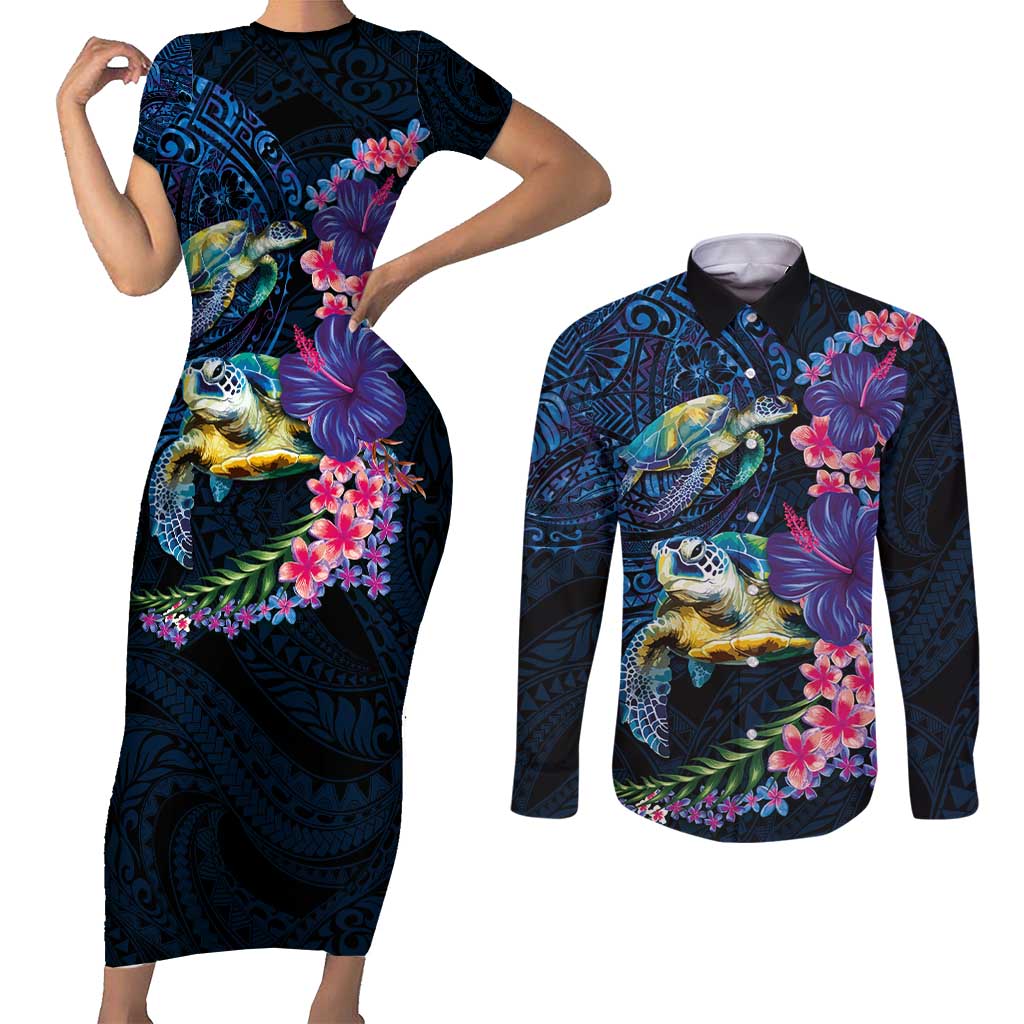 Hawaiian Plumeria and Hibiscus with Turtles Couples Matching Short Sleeve Bodycon Dress and Long Sleeve Button Shirt Polynesian Art Dark Cyan Color LT03 Dark Cyan - Polynesian Pride