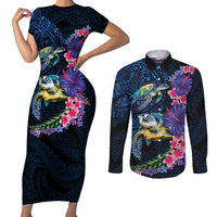 Hawaiian Plumeria and Hibiscus with Turtles Couples Matching Short Sleeve Bodycon Dress and Long Sleeve Button Shirt Polynesian Art Dark Cyan Color LT03 Dark Cyan - Polynesian Pride