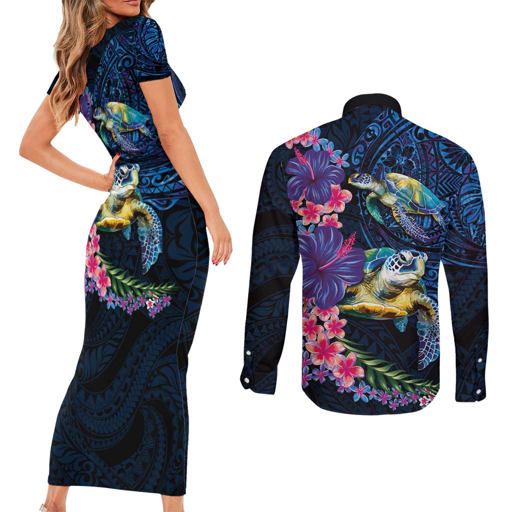 Hawaiian Plumeria and Hibiscus with Turtles Couples Matching Short Sleeve Bodycon Dress and Long Sleeve Button Shirt Polynesian Art Dark Cyan Color LT03 - Polynesian Pride