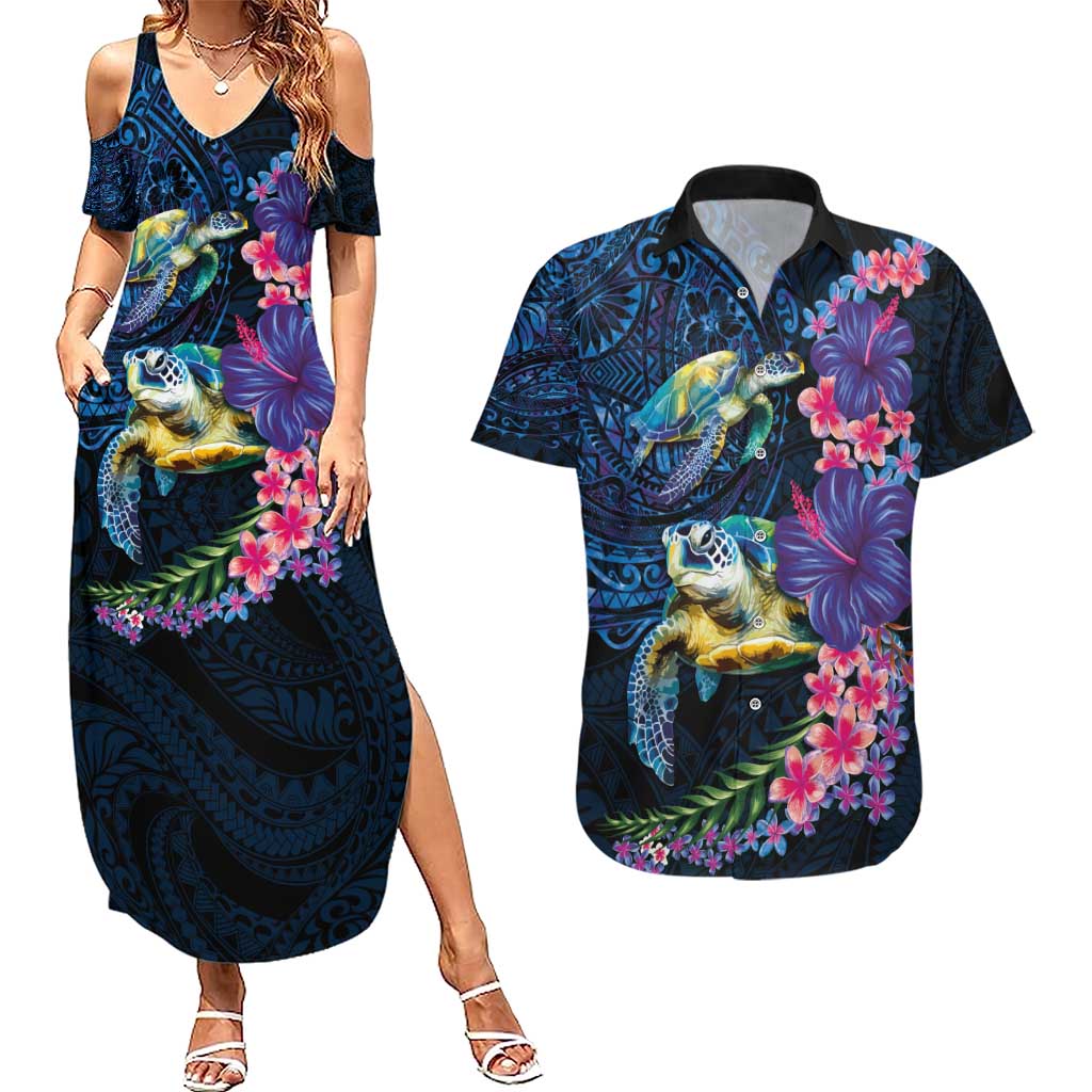 Hawaiian Plumeria and Hibiscus with Turtles Couples Matching Summer Maxi Dress and Hawaiian Shirt Polynesian Art Dark Cyan Color LT03 Dark Cyan - Polynesian Pride