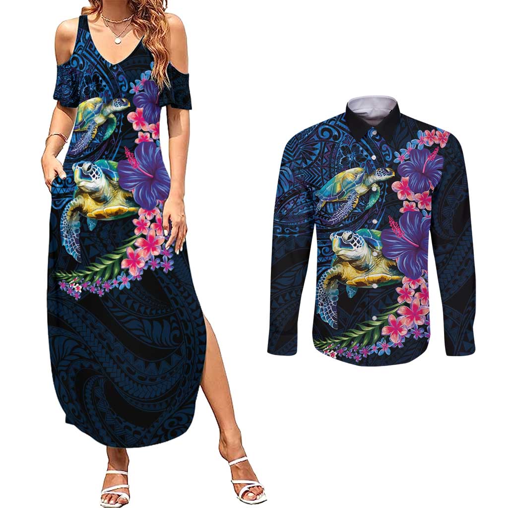 Hawaiian Plumeria and Hibiscus with Turtles Couples Matching Summer Maxi Dress and Long Sleeve Button Shirt Polynesian Art Dark Cyan Color LT03 Dark Cyan - Polynesian Pride