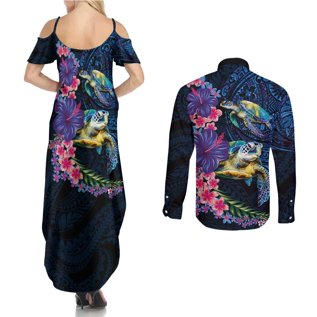 Hawaiian Plumeria and Hibiscus with Turtles Couples Matching Summer Maxi Dress and Long Sleeve Button Shirt Polynesian Art Dark Cyan Color LT03 - Polynesian Pride