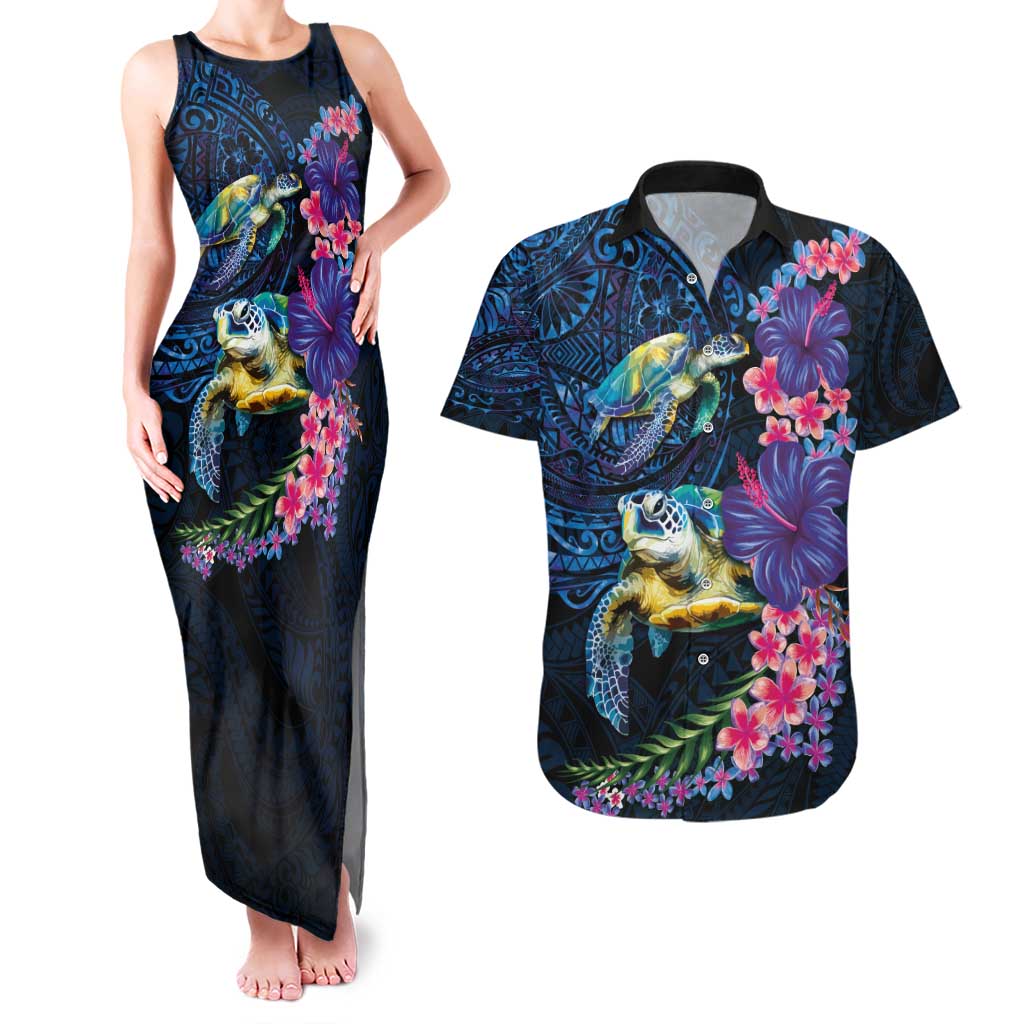 Hawaiian Plumeria and Hibiscus with Turtles Couples Matching Tank Maxi Dress and Hawaiian Shirt Polynesian Art Dark Cyan Color LT03 Dark Cyan - Polynesian Pride