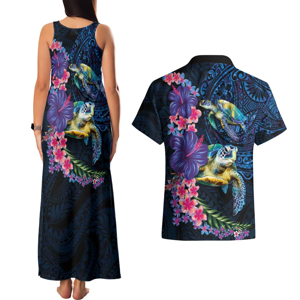 Hawaiian Plumeria and Hibiscus with Turtles Couples Matching Tank Maxi Dress and Hawaiian Shirt Polynesian Art Dark Cyan Color LT03 - Polynesian Pride