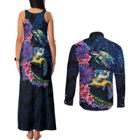 Hawaiian Plumeria and Hibiscus with Turtles Couples Matching Tank Maxi Dress and Long Sleeve Button Shirt Polynesian Art Dark Cyan Color LT03 - Polynesian Pride