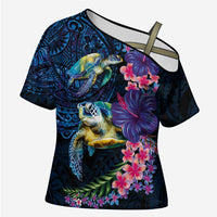 Hawaiian Plumeria and Hibiscus with Turtles Cross Shoulder Shirt Polynesian Art Dark Cyan Color LT03 Female Dark Cyan - Polynesian Pride