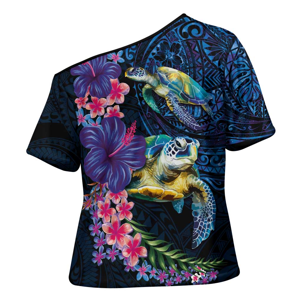 Hawaiian Plumeria and Hibiscus with Turtles Cross Shoulder Shirt Polynesian Art Dark Cyan Color LT03 - Polynesian Pride