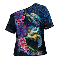 Hawaiian Plumeria and Hibiscus with Turtles Cross Shoulder Shirt Polynesian Art Dark Cyan Color LT03 - Polynesian Pride