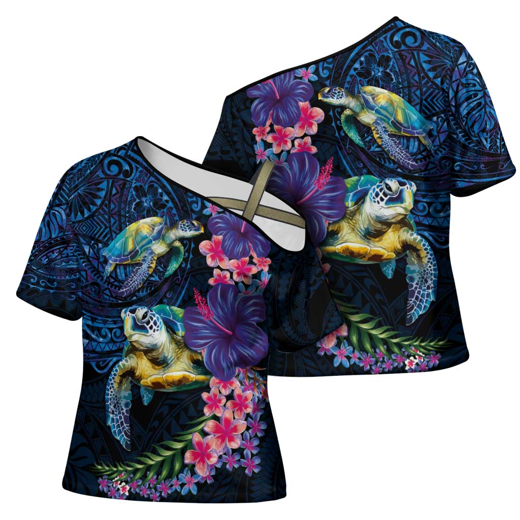 Hawaiian Plumeria and Hibiscus with Turtles Cross Shoulder Shirt Polynesian Art Dark Cyan Color LT03 - Polynesian Pride