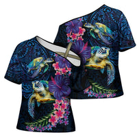Hawaiian Plumeria and Hibiscus with Turtles Cross Shoulder Shirt Polynesian Art Dark Cyan Color LT03 - Polynesian Pride