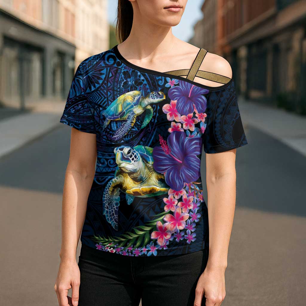 Hawaiian Plumeria and Hibiscus with Turtles Cross Shoulder Shirt Polynesian Art Dark Cyan Color LT03 - Polynesian Pride