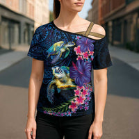 Hawaiian Plumeria and Hibiscus with Turtles Cross Shoulder Shirt Polynesian Art Dark Cyan Color LT03 - Polynesian Pride