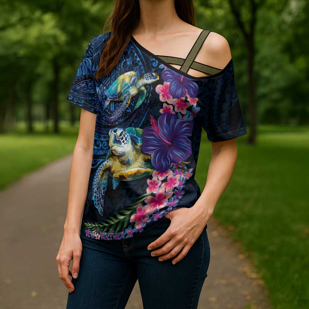 Hawaiian Plumeria and Hibiscus with Turtles Cross Shoulder Shirt Polynesian Art Dark Cyan Color LT03 - Polynesian Pride