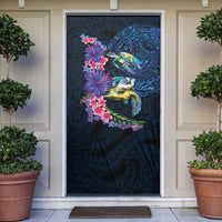 Hawaiian Plumeria and Hibiscus with Turtles Door Cover Polynesian Art Dark Cyan Color LT03 Dark Cyan - Polynesian Pride