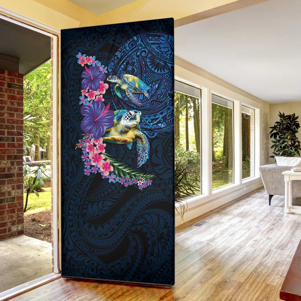 Hawaiian Plumeria and Hibiscus with Turtles Door Cover Polynesian Art Dark Cyan Color LT03 - Polynesian Pride